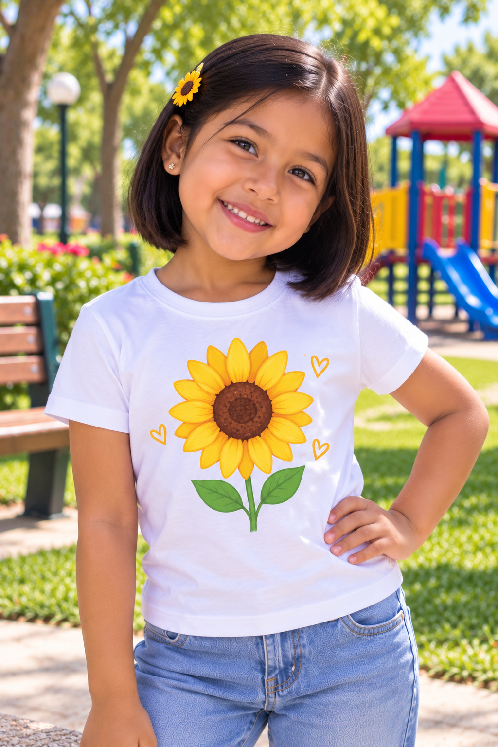 Niña con polo blanco girasol amor