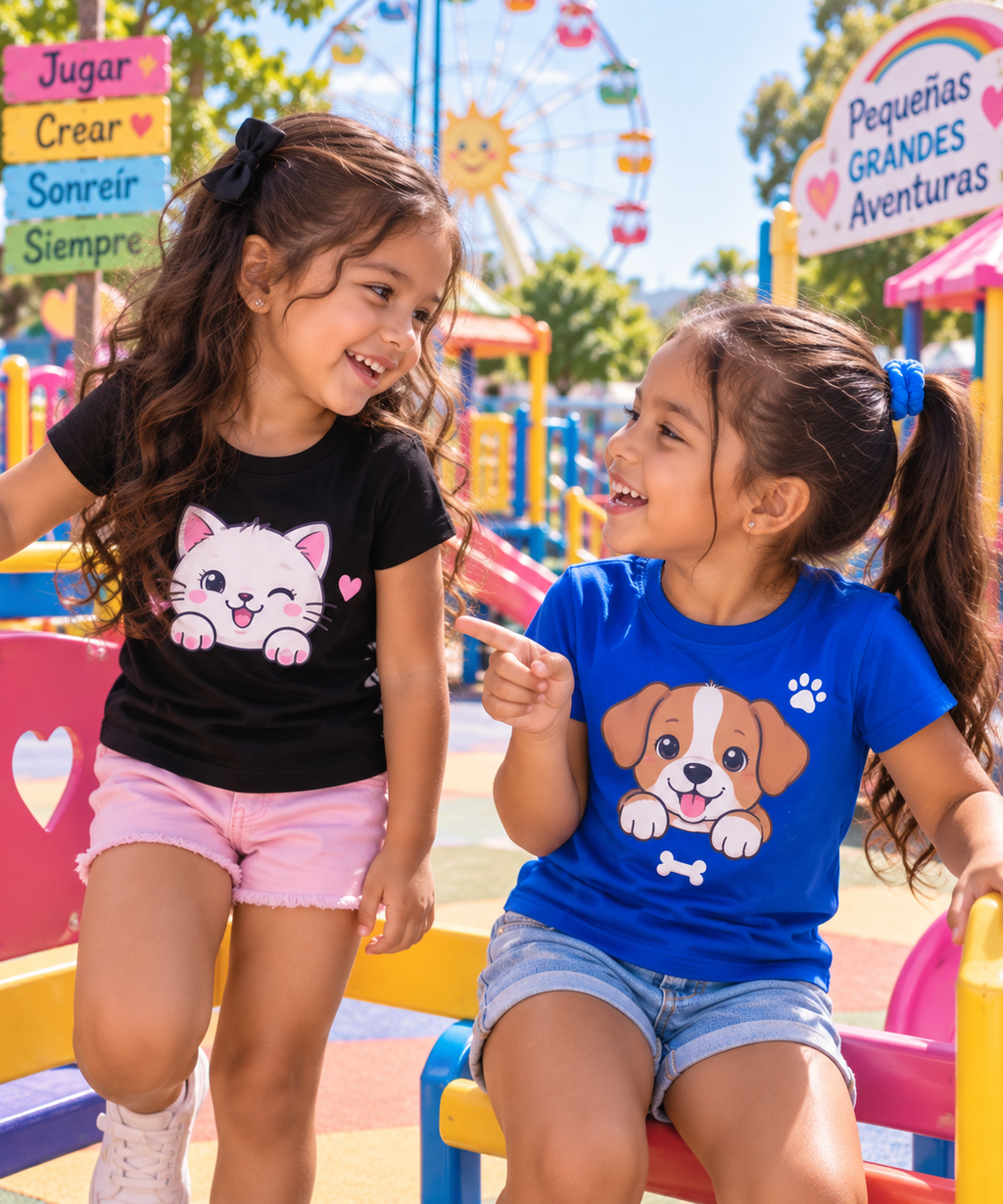 Niñas con polo gatito kawaii negro y polo perrito azul