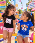 Niñas con polo gatito kawaii negro y polo perrito azul
