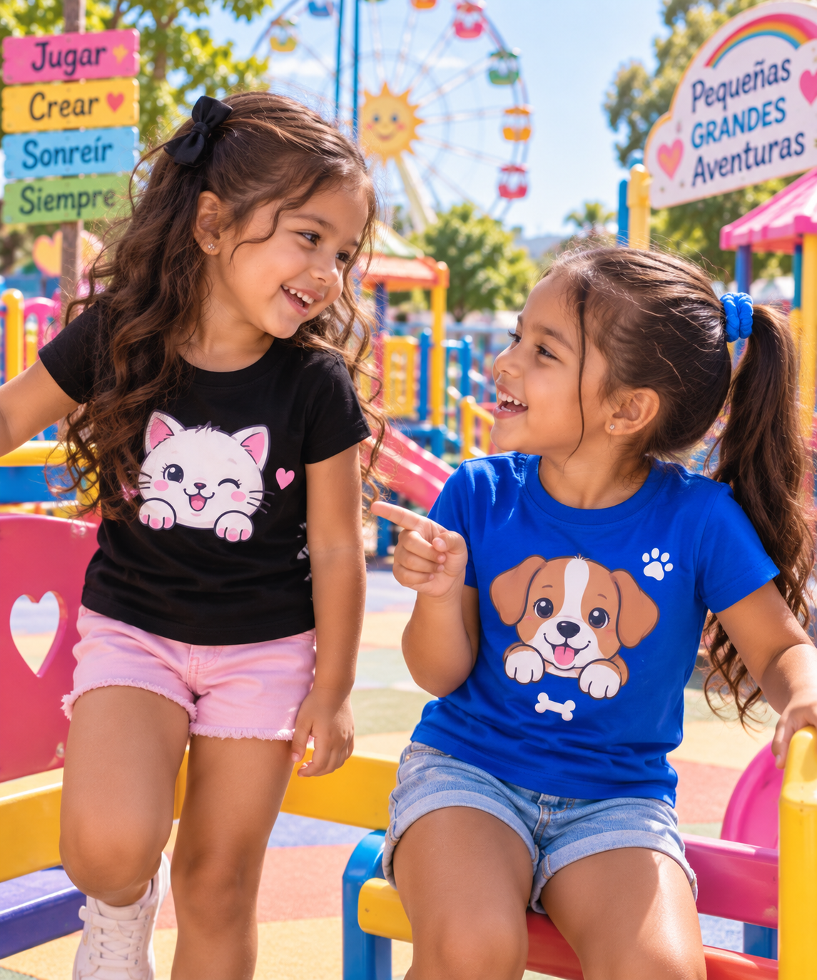Niñas con polo gatito kawaii negro y polo perrito azul