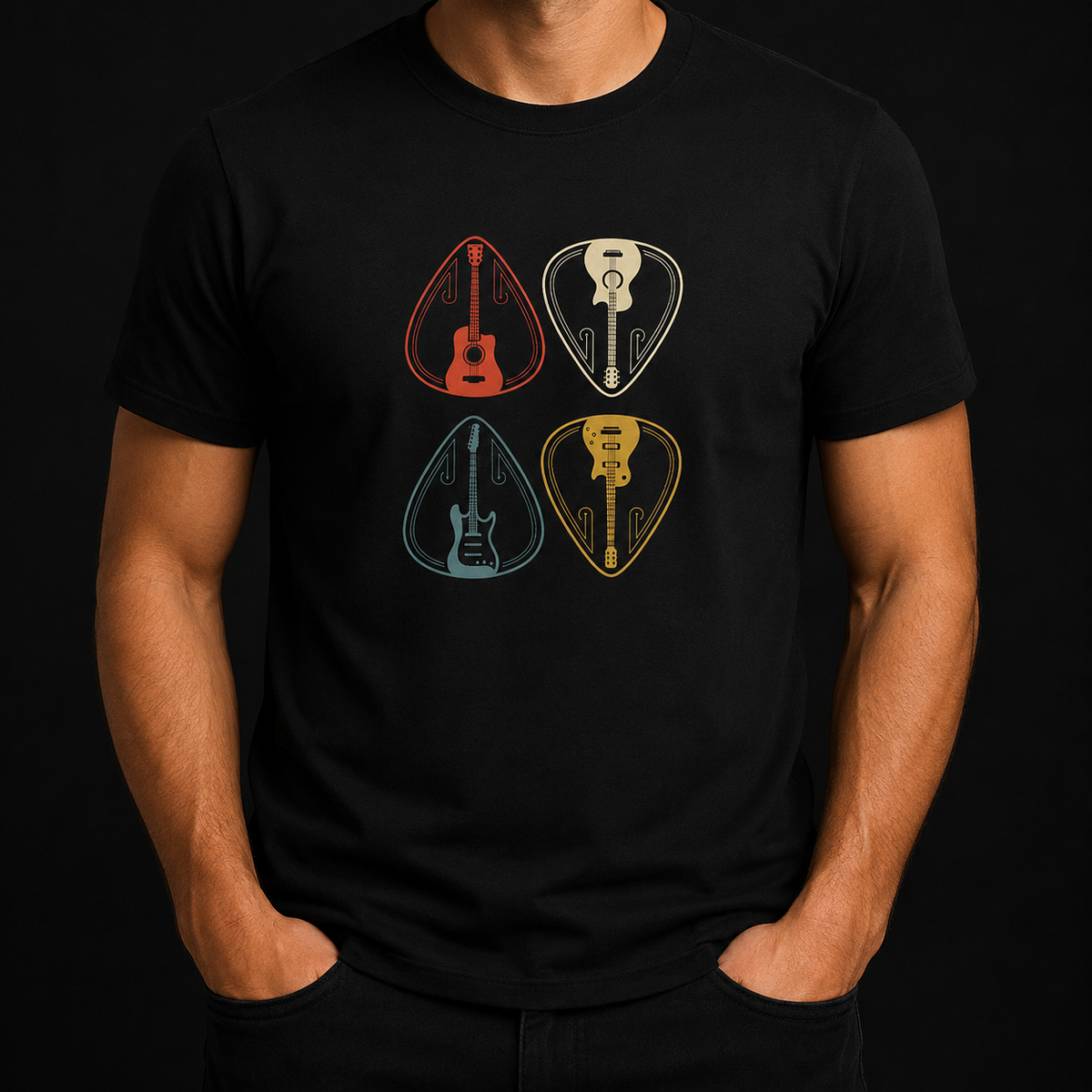 Polo Estilo Rock Clásico Vintage - Diseño 4 Púas Guitarra Retro