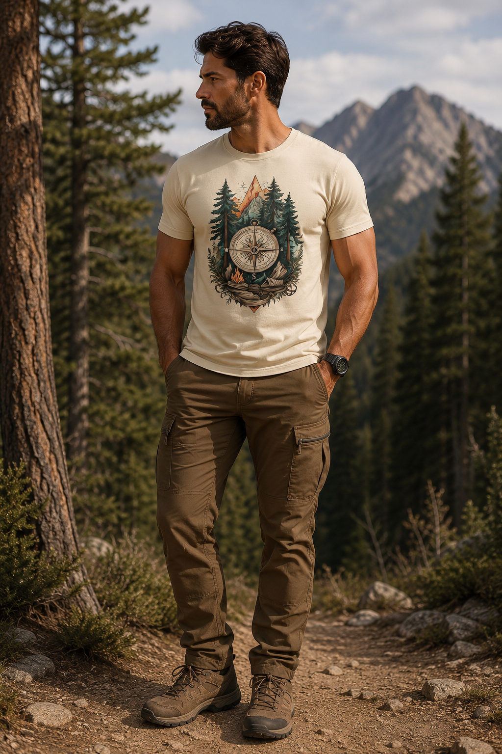 Polo Estilo Montaña Aventura - Diseño Brújula Bosque